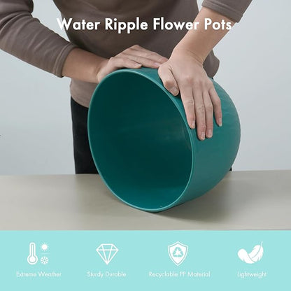 12 Inch Large Plant Pots for Indoor or Outdoor Plants, Wide Water Ripples Flower Pots with Drainage Holes & Saucer, Plastic Planters Set for Garden & Home Decor (Blue Green)