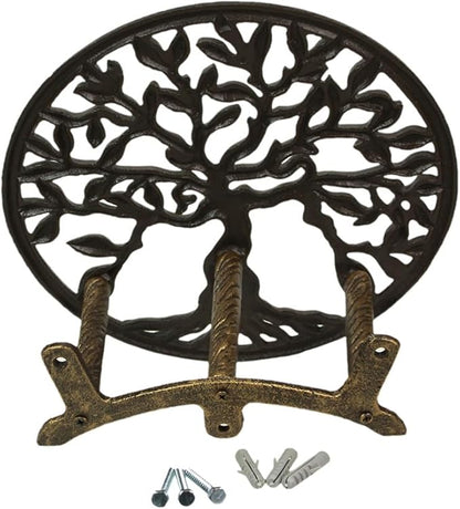 Zeckos Green/Bronze Finish Cast Iron Tree of Life Decorative Wall-Mounted Garden Hose Hanger - Stylish Outdoor Hose Holder Décor - 12-Inch Diameter - Weather-Resistant