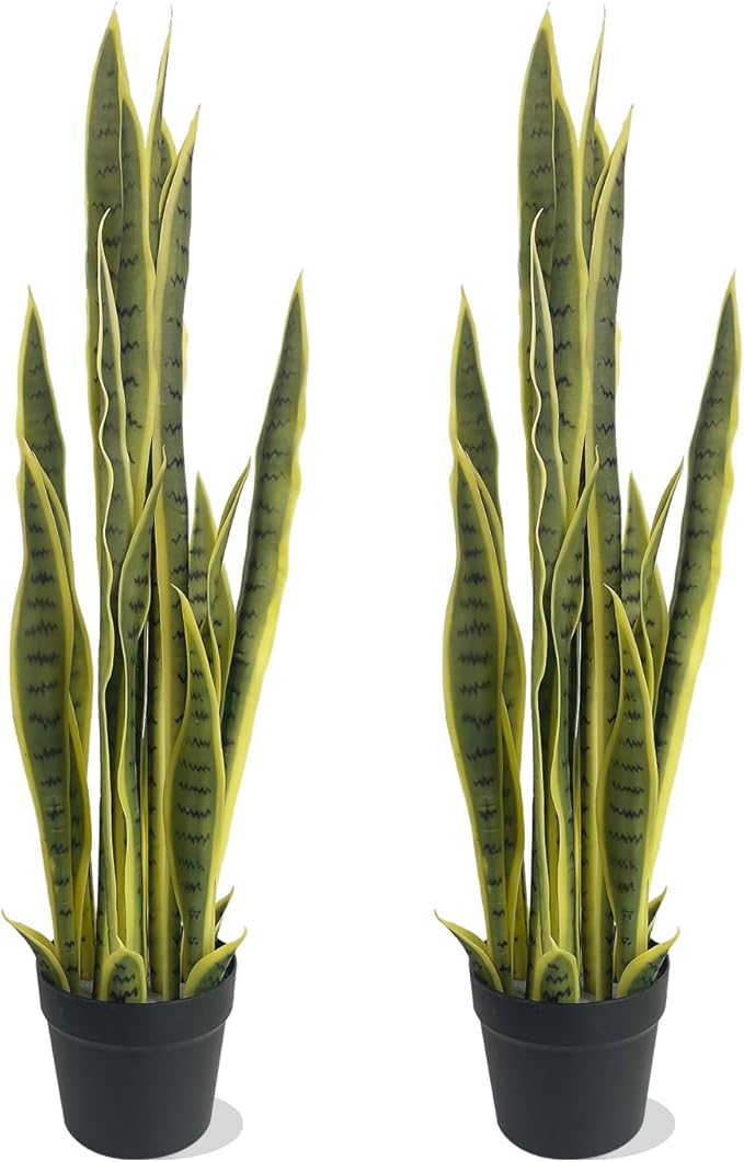 3FT-2PCS Artificial Snake Plant, 32 PVC Lifelike Leaves, 35in Faux Sansevieria for Indoor Home & Garden Decor, Potted Mother-in-Law's Tongue Plants, Yellow
