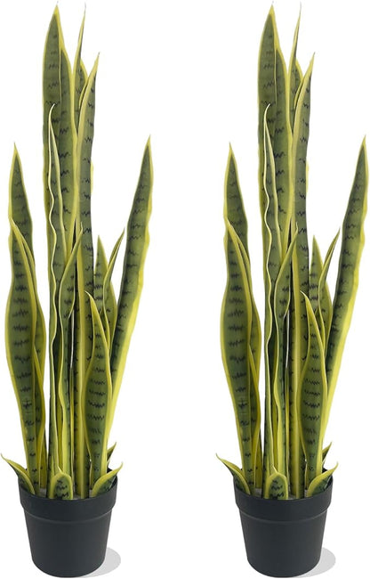 3FT-2PCS Artificial Snake Plant, 32 PVC Lifelike Leaves, 35in Faux Sansevieria for Indoor Home & Garden Decor, Potted Mother-in-Law's Tongue Plants, Yellow
