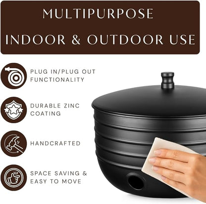 Monarch Abode Garden Hose Holder with Lid – Decorative Water Hose Holders for Outside, Border Embossed Metal Matte Black Pot with Drainage, 100ft Waterhose Holder for Outside, Garden Storage Caddy