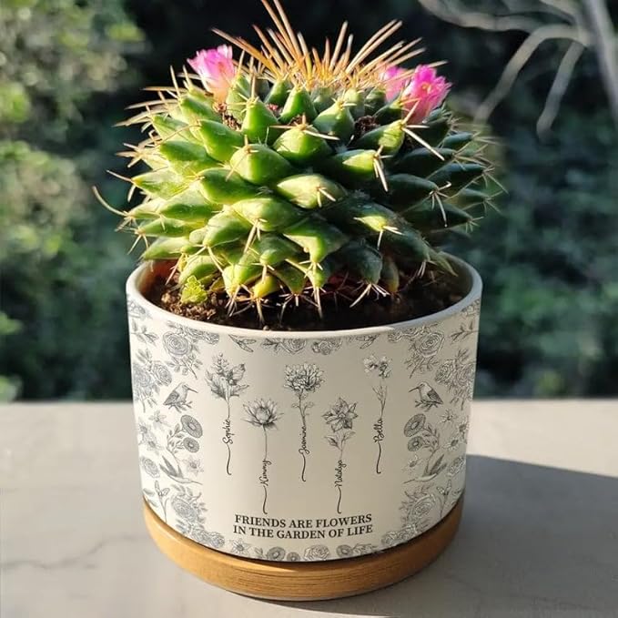Personalized Ceramic Plant Pot - Toile De Jouy Birth Flower Grow an Old Friend - Trendy France-China Inspired Design - Christmas Birthday Gift for Girl Friends Besties BFF Best Friend