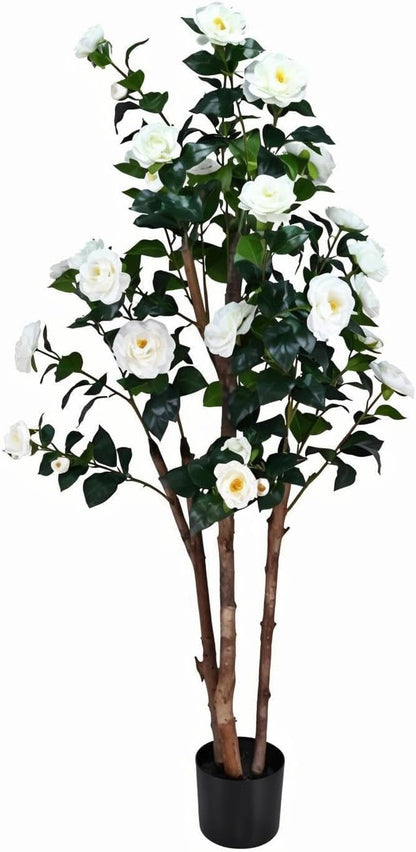 5ft Decorative Artificial Camellia Tree with White Flowers, Potted Faux Floral Plant, Realistic Blooming Fake Plants for Indoor Outdoor Home Front Door Planter Decor