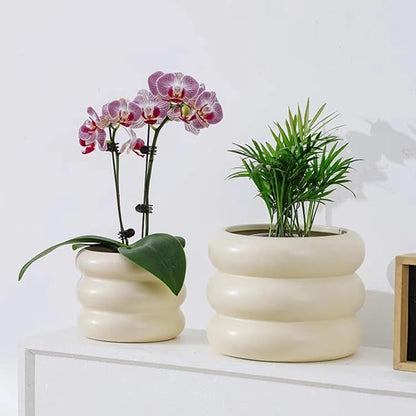 Ceramic Plant Pot Indoor, 6.5 Inch Flower Pot with Drainage Hole, Tiered Bubble Design Ceramic Planter for Home & Office Decor (Beige)