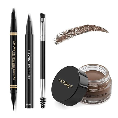 Eyebrow Pen Makeup Kit, with 4 Tip Waterproof Microblading Eyebrow Pencil, Eyeliner, Eyebrow Pomade and Dual-ended Eyebrow Brush, Brow Pencil Eyebrow Kit for Natural Looking - Dark Brown