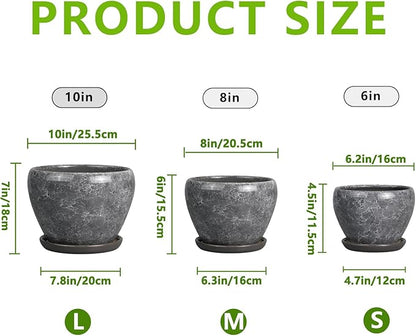 Ceramic Planters - 10 Inch 8 Inch 6 Inch Round Decorative Plant Pots with Drainage Holes and Saucers for Indoor Outdoor Flower, Room Home Apartment Decor, Gift for Women Men, Set of 3, Grey
