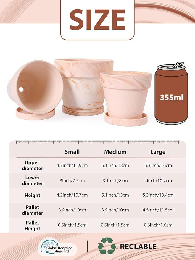 INGOFIN Terracotta Plant Pots 4.7/5.1/6.3 Inch Set of 3, Red White Clay Flower Pots with Drainage Holes & Tray Saucer, Breathable Garden Planters for Indoor Outdoor, Succulent, Cactus, Herbs
