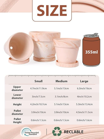 INGOFIN Terracotta Plant Pots 4.7/5.1/6.3 Inch Set of 3, Red White Clay Flower Pots with Drainage Holes & Tray Saucer, Breathable Garden Planters for Indoor Outdoor, Succulent, Cactus, Herbs