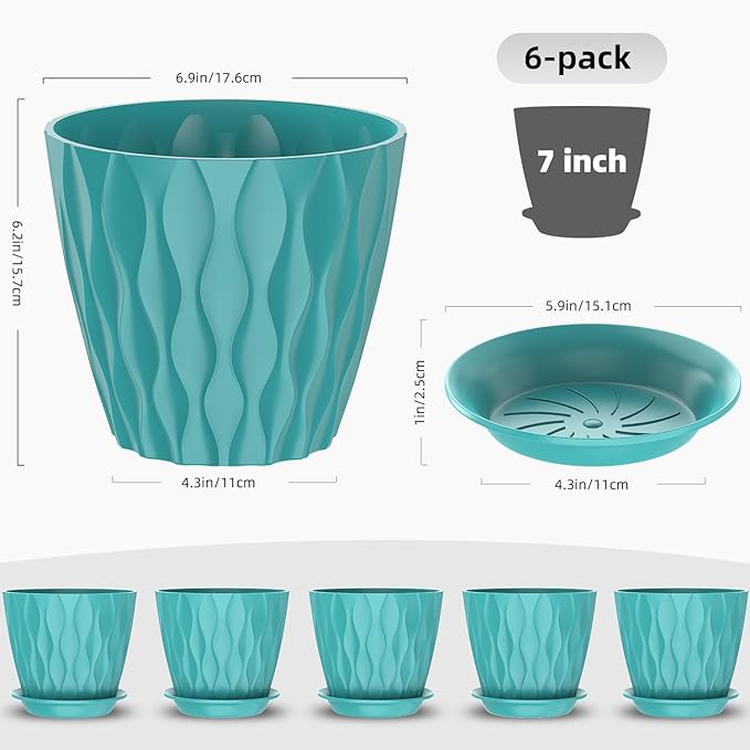 7 Inch Plant Pots with Saucers, 6 Pack Indoor Flower Pots, Planters with Drainage Holes for Orchids, Violets, Succulents, Herbs, and Other Plants, White (Black-Green, 7inch)