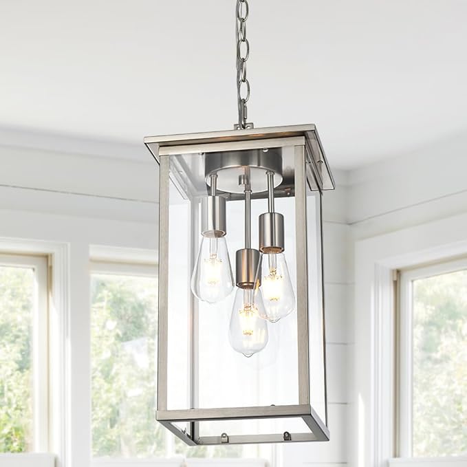 TODOLUZ 3-Lights Outdoor Pendant Light, Modern Brushed Nickel Outdoor Chandelier with Clear Glass, Adjustable Ceiling Mount Porch Light for Entryway Patio