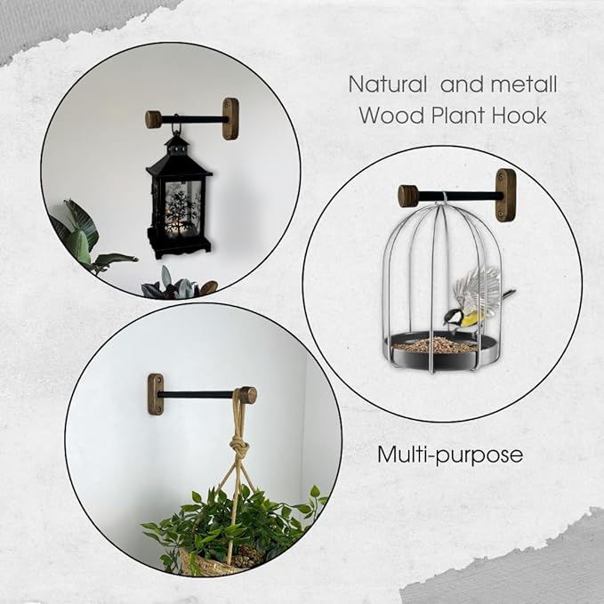 EvenWood 2-Piece Set of Wooden Plant Hooks for Wall with Sturdy Metal Tube - Plant Wall Hanger for Pots, Flower Brackets - Bracket Plant Hanger for Indoor and Outdoor Decorations (Walnut, 10 Inch)