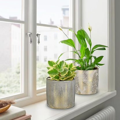 Oairse Small Ceramic Pot for Indoor Plants, 5.3 inch Plant Pot with Drainage Hole Decorative Texture Gold Planter Indoor Outdoor Flower Pots for Succulent Snake Plant Pothos Orchid