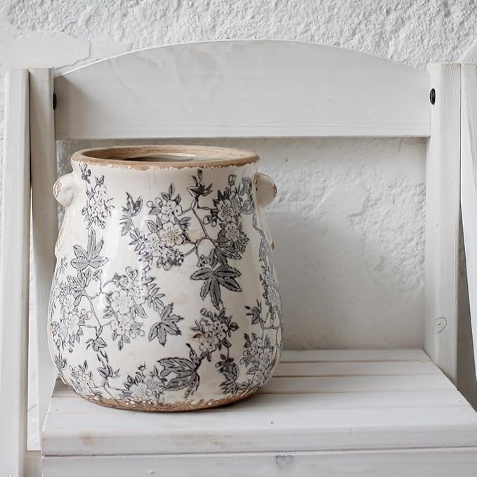 Planters for Indoor Plants, Vintage Ceramic Pots for Plant, Rustic Tuscan Vase & Decor, Plant Pots w/Drainage, 6.68in. Flower Pot & Ceramic vase, Grandma Gifts, Home Decor, Rustic Grey