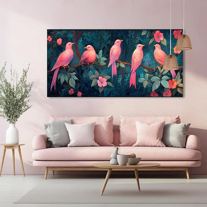 Pink Birds Canvas Wall Art Birds Floral Tree Canvas Pictures Bird on Tree Branch Painting Flower Wall Decor Canvas Nature Farmhouse Animal Painting for Girl’s Room Bedroom Bathroom Living Room (16x32 Inches)