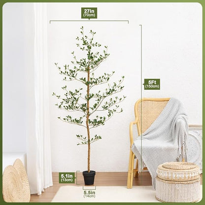 Artificial Black Olive Tree 5FT Indoor Outdoor Decor Faux Plants - Real Wood Trunk Fake Tree with Green UV Resistant Leaves - Tall Floor Plant for Modern Home Office Living Room Decoration