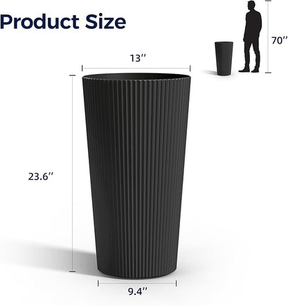 FONTOI 23.6" Tall Planter for Outdoor Plants Set of 2 Large Outdoor Plastic Striped Flower Pots, Front Porch Furniture, Garden Pots, Decorative Planters for Indoor/Outdoor, Patio, Balcony, Black