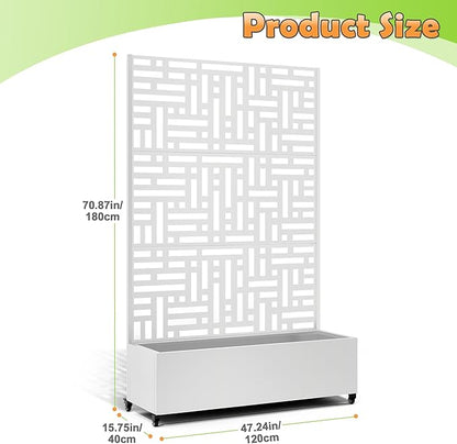 Metal Raised Garden Bed with Trellis, 2-in-1 Planter Box & Privacy Screen for Climbing Plants, Outdoor Standing Flower Bed with Drainage Holes, 47.2" L x 16.7" W x 70.8" H, White-Helen
