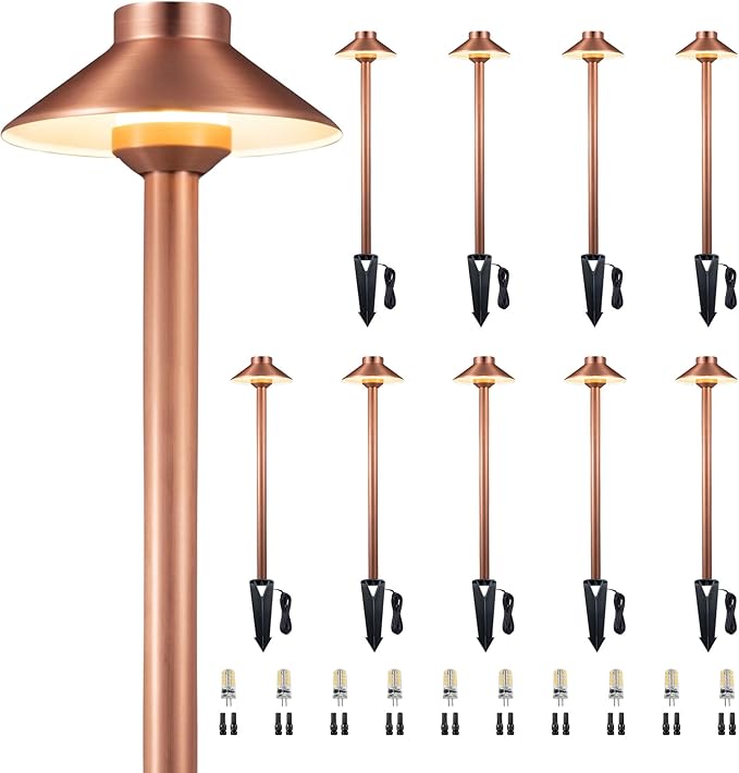 Gardenreet Brass Landscape Lighting Low Voltage, 12V AC/DC Waterproof LED Outdoor Copper Path Lights(Hat) for Sideway Garden with 3W G4 Bulb 2700K(10 Pack)