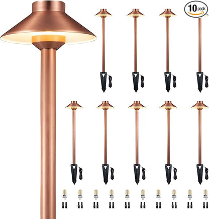 Gardenreet Outdoor Brass Low Voltage Driveway Lights, Copper Electric Waterproof Pathway Lighting, Wired Bronze Hat Top Path Lights for Sideway Garden Patio with 3W 270LM 4000K G4 Bulb 10 Pack