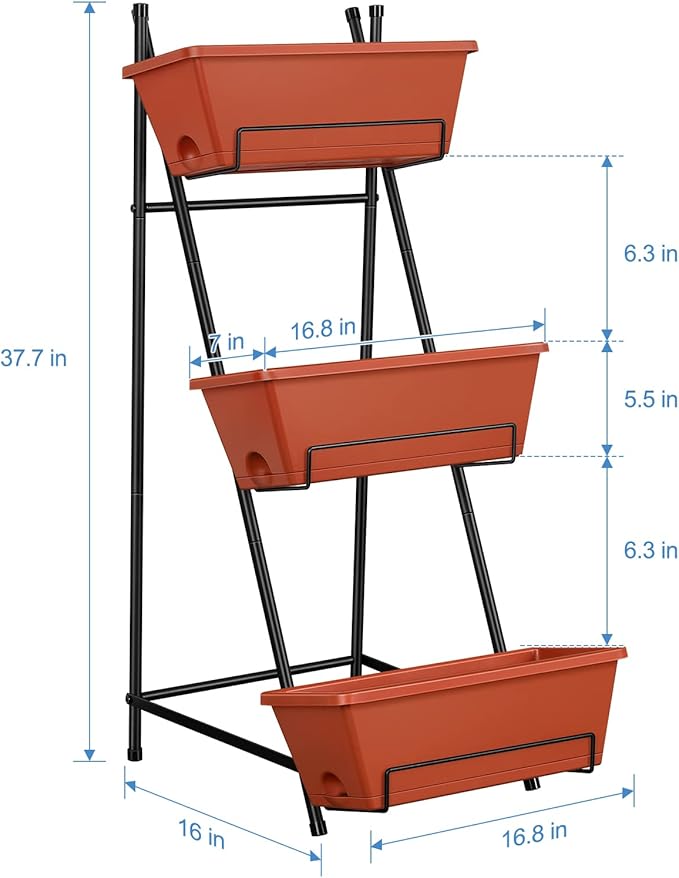 Vertical Raised Garden Bed Outdoor 3 Tiered Garden Planters Standing Elevated Planter Box with Drainage Holes for Plants Herbs Flowers Vegetables Brick Red