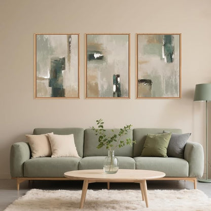 Large Abstract Green Brown Framed Canvas Wall Art,Modern Brush Stoke Wall Decor,Neutral Beige Grey Painting,Rustic Minimalist Artwork for Living Room,Bedroom,Dining Room,Office -16"x24"x3