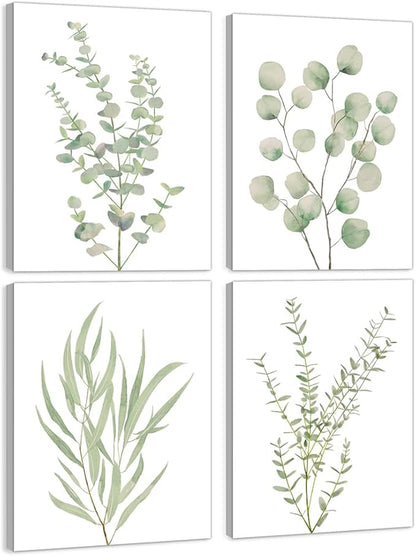 Erctoo Botanical Wall Art for Bathroom, Framed Canvas Office Wall Art 12”x16” Sage Green Plant Wall Decor for Bedroom, Light Green Boho Eucalyptus Leaf Sets of 4PCS