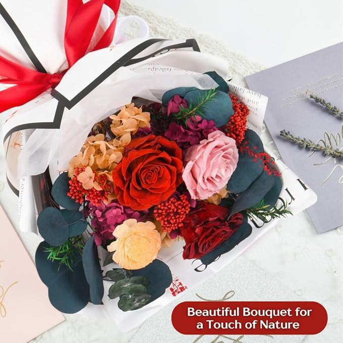 Forever Flowers Bouquet, Preserved Long Lasting Pink-Red Roses Flower Bouquet for Valentine’s Day, Christmas, Anniversary, Birthday Gifts for Her
