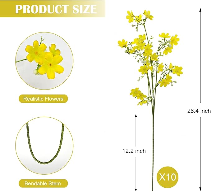 10 PCS Silk Flowers with Long Stems Artificial Flower for Tall Vase Outdoors Fake Babys Breath Bouquet Faux Floral Wedding Party Decoration Home Indoor Table Centerpiece Decor (Yellow)