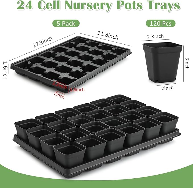 5 Pack 24 Cell Nursery Pots Trays with 2.8 inch (7CM) Square Nursery Pots 120pcs (Black), Plastic Seed Starter Tray with Drain Holes for Carrying and Holding Plant Pot(17"x11"x1.6")