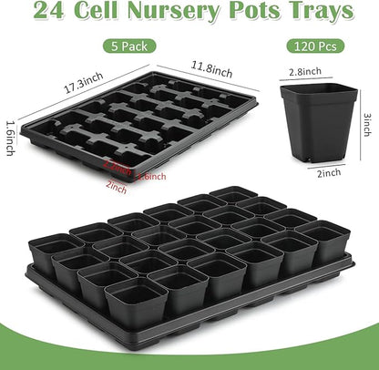 5 Pack 24 Cell Nursery Pots Trays with 2.8 inch (7CM) Square Nursery Pots 120pcs (Black), Plastic Seed Starter Tray with Drain Holes for Carrying and Holding Plant Pot(17"x11"x1.6")