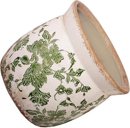 Rustic Ceramic Pots for Plants, 6.21in. Vintage Crackle Glazed Planters for Indoor & Outdoor Plants with Drainage Hole, Unique Planting Pots for Gardening, Tuscan Decor Plant Pots Indoor, Green Leaf
