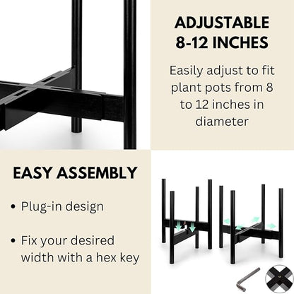 Fox & Fern Adjustable Plant Stand Indoor — 8 to 12 Inch Premium Mid Century Bamboo Plant Stand with Adjustable Width; Plug In Design; Easy to Assemble; Two Heights - For 8, 9, 10, 11 & 12 Inch Pots