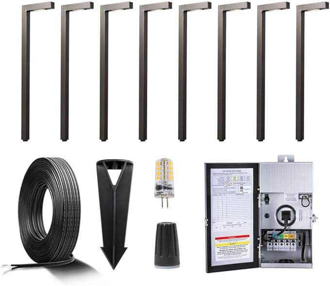 Gardenreet Brass Low Voltage Pathway Lights Kit(8 Pack) 12V LED with 150W Low Voltage Transformer and Mechanical Timer and 100 Feet Wire and 40Pack Connectors for Outdoor House Garden Sideway