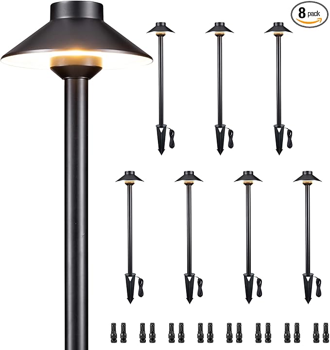Gardenreet Brass Low Voltage Path Lights - 12V LED Landscaping Pathway Lamp IP65 Waterproof, Wired Walkway Lighting Outdoor, Mushroom-top Black for Lawn Backyard Garden G4 Bulb Not Included (8 Pack)