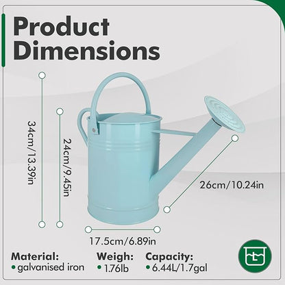 Galvanized Iron Watering Can for Indoor Plants, DIY Watering Cans for House Plant Garden Flower, Long Spout Water Can for Outdoor Watering Plants 6.44L 1.7 Gallon (Blue)