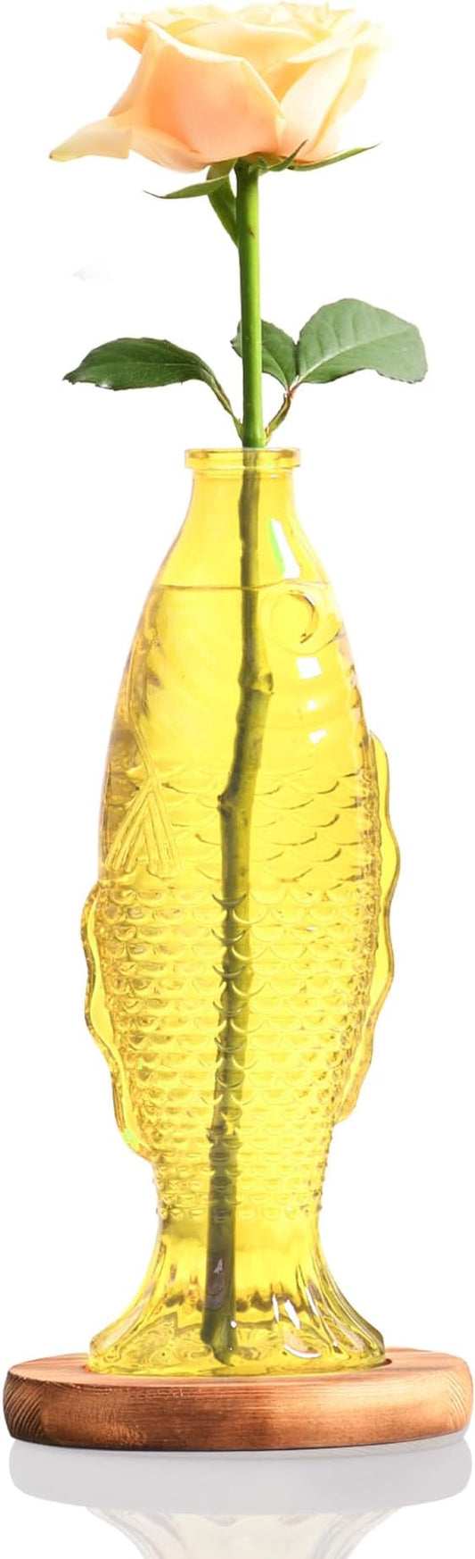Nacome Fish Vase Propagation Stations: Glass Plant Terrarium with Wooden Stand for Home Office Desk Decor, Unique Gifts for Plant Lovers Women Mom (Yellow)