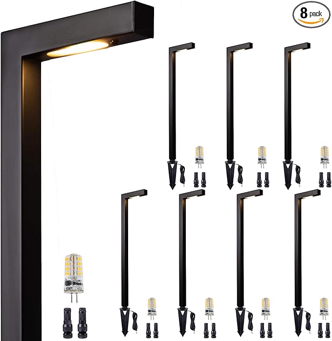 Gardenreet LED Pathway Lights Brass, 12V Landscape Path Lights Wired, Low Voltage Walkway Lights Outdoor Waterproof, L Shape Black for Backyard Garden with 3W 270LM 2700K G4 Bulb 8 Pack
