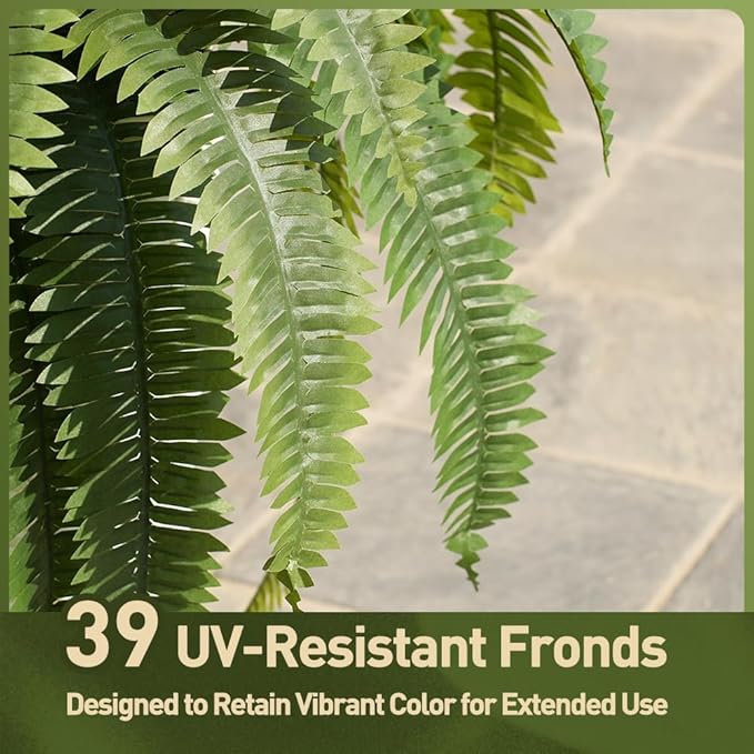 48" Boston Ferns Artificial Outdoor Plants - 39 Fronds UV Resistant Faux Greenery with Taper Planter- Realistic Fake Bushes Front Porch Decor for Garden, Patio, Indoors - Set of 1, VN153
