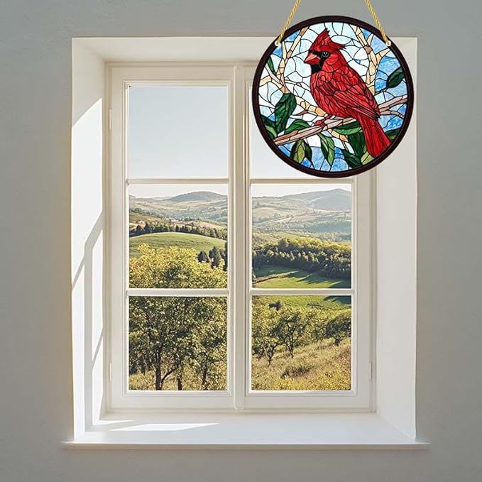 Acrylic Stained Window Hanging Cardinal Acrylic Decoration for Indoor Outdoor Home Bar Office Garden Plastic Ornament Decor 12x12 Inch