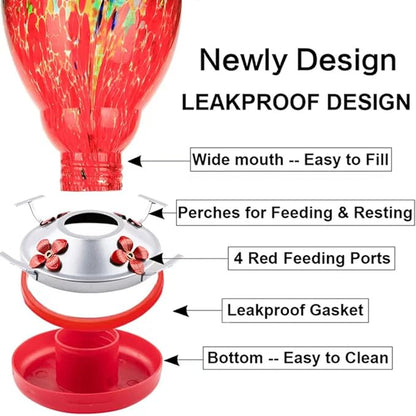 WOSIBO Hummingbird Feeder for Outdoors Patio Large 32 Ounces Colorful Hand Blown Glass Hummingbird Feeder with Ant Moat Hanging Hook, Rope, Brush and Service Card (Red-Sunrise)