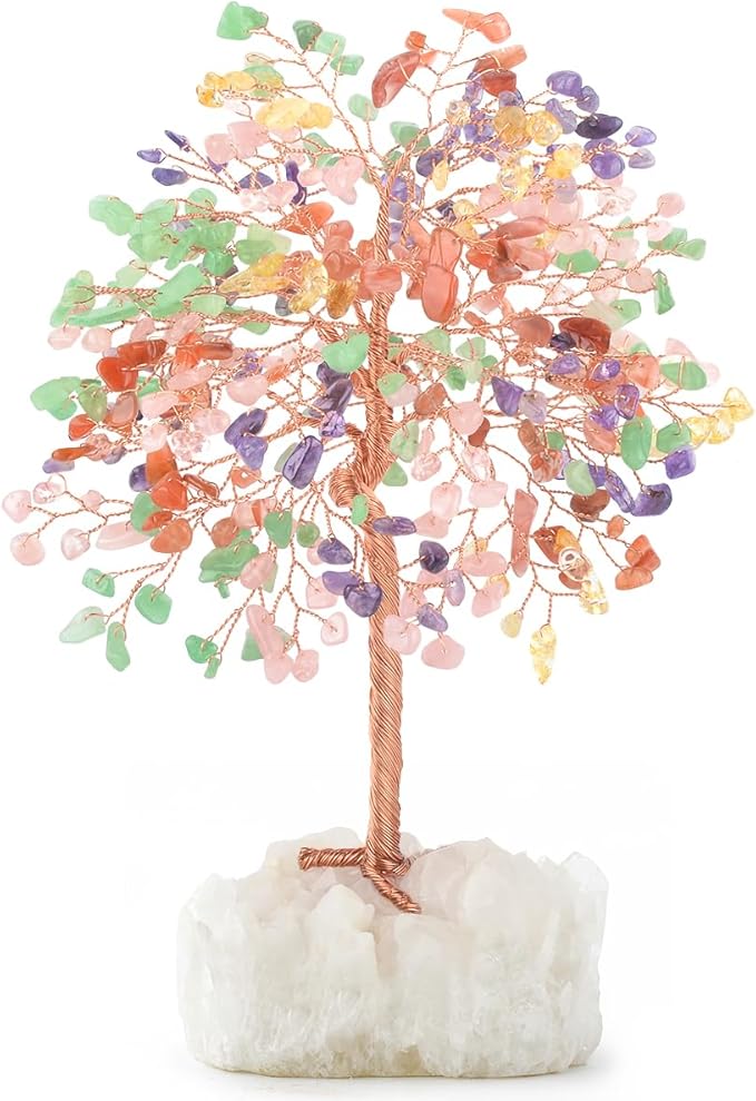 Chakra Crystal Tree of Life Natural Gemstone Healing Crysals(406 Stone Count) with Clear Quartz Base,Fengshui Decor Money Tree,Positive Energy Lucky Gift Height 8.5-9 Inches