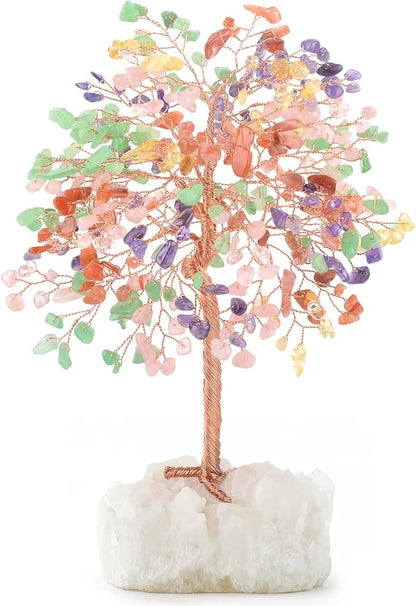 Chakra Crystal Tree of Life Natural Gemstone Healing Crysals(406 Stone Count) with Clear Quartz Base,Fengshui Decor Money Tree,Positive Energy Lucky Gift Height 8.5-9 Inches