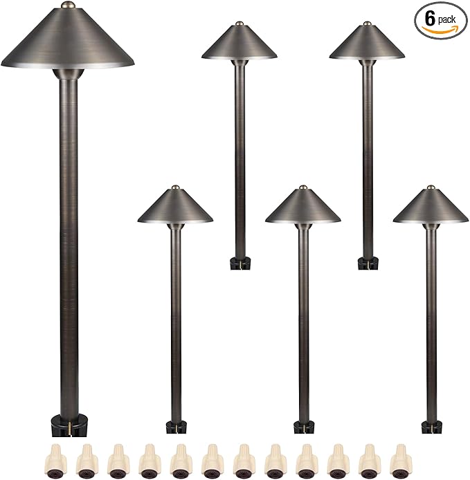 DOSHINE® Solid Brass Low Voltage Landscape Lighting Pathway Lights (7" Shade, 22" Tall) with Replaceable 3W G4 LED Bulb 3000K AC/DC 12V and Ground Stake for Outdoor Walkway Driveway (UMB,6-Pack)