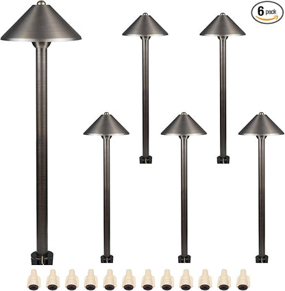 DOSHINE® Solid Brass Low Voltage Landscape Lighting Pathway Lights (7" Shade, 22" Tall) with Replaceable 3W G4 LED Bulb 3000K AC/DC 12V and Ground Stake for Outdoor Walkway Driveway (UMB,6-Pack)