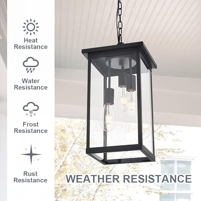 TODOLUZ 3-Light Black Outdoor Pendant Light Fixture, Adjustable Exterior Hanging Lantern Porch Light
