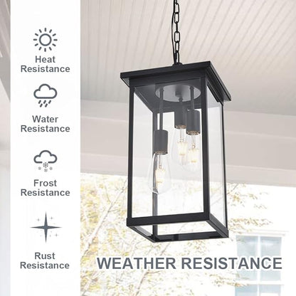 TODOLUZ 3-Light Black Outdoor Pendant Light Fixture, Adjustable Exterior Hanging Lantern Porch Light