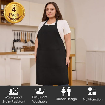 4 Pack Plus Size Chef Aprons, Large Kitchen Apron with 2 Pockets, Adjustable Waterproof Black Apron for Big Men and Women for Cooking, Baking, Cleaning, Gardening, BBQ