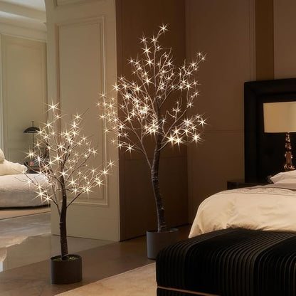 Hairui Lighted Flocked Potted Trees with Timer and Dimmer 4FT 6FT, Snow Dusted Twig Tree with Lights for Indoor Outdoor Home Thanksgiving Christmas Holiday Decoration
