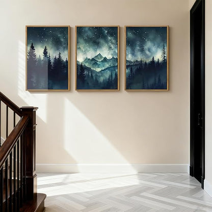 Large Misty Forest Mountain Wall Art Framed Dark Starry Sky Wall Decor Modern Wilderness Art Print for Living Room Bedroom Office 16x24 Inch Set of 3