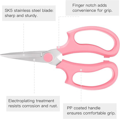 Housolution Flower Scissors, 3 Pack, Strong Floral Shears, Premium Steel Pointed Garden Pruning Shears Floral Fruits Leaf Scissors Hand Pruner Snip Trimming Tool for Gardening Flower Arrangement, Pink